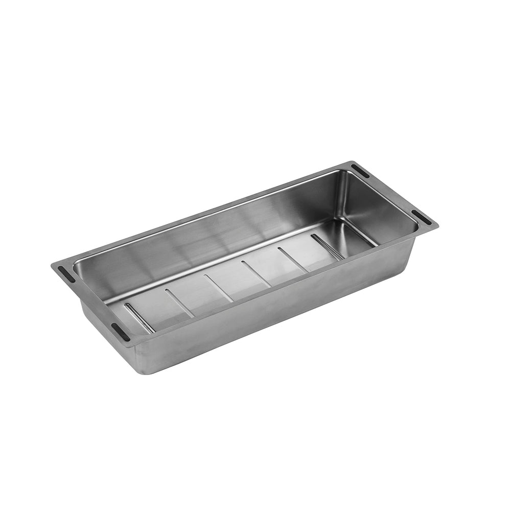 Stainless steel rectangular colander with perforated dividers and handles on sides.