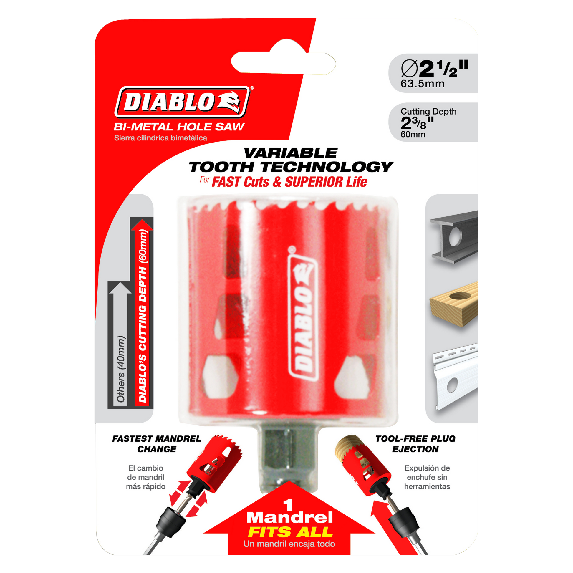 Diablo DHS2500 2-1/2 inch bi-metal hole saw with variable tooth technology and red cylindrical cutting head on packaging.