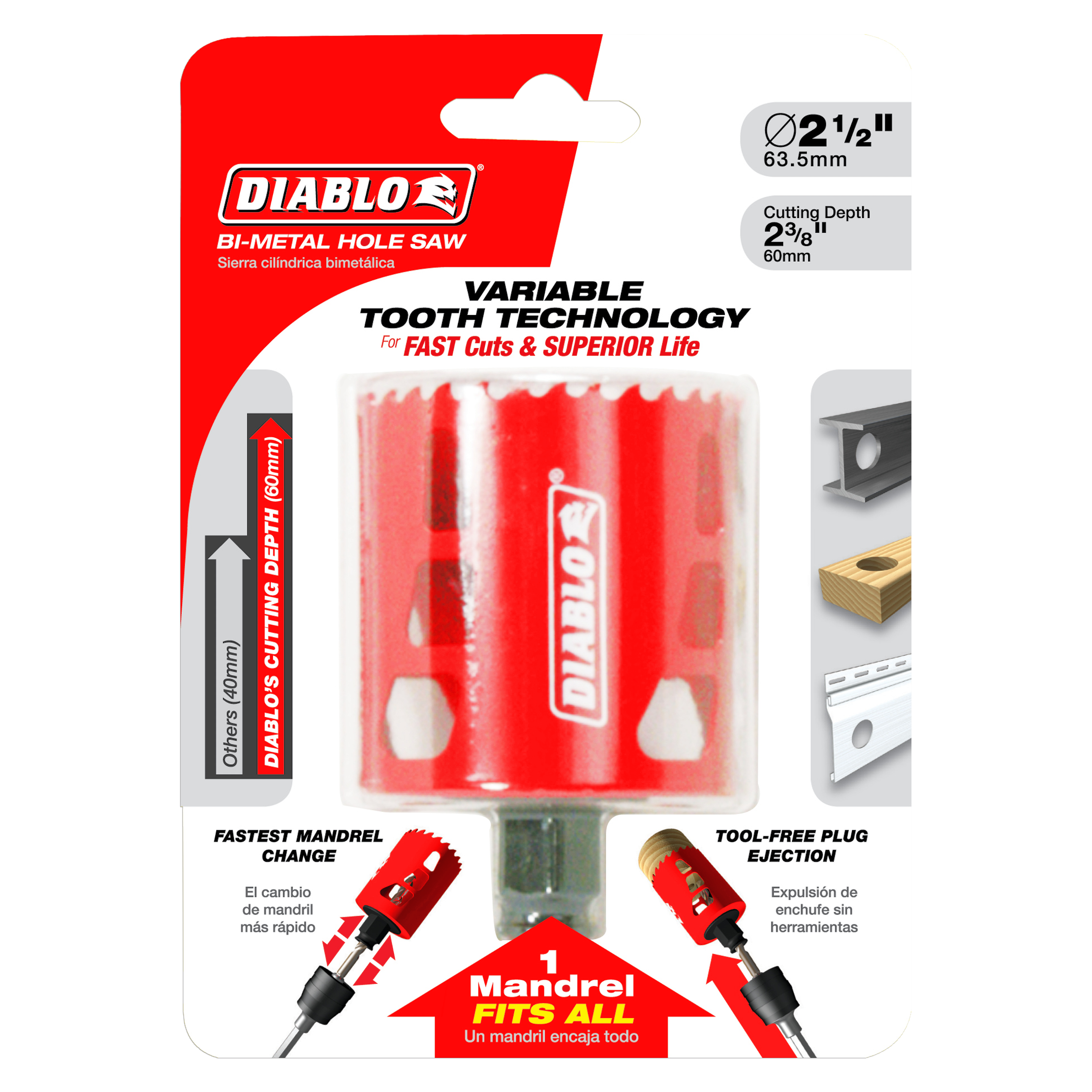 Diablo DHS2500 2-1/2 inch bi-metal hole saw with variable tooth technology and red cylindrical cutting head on packaging.