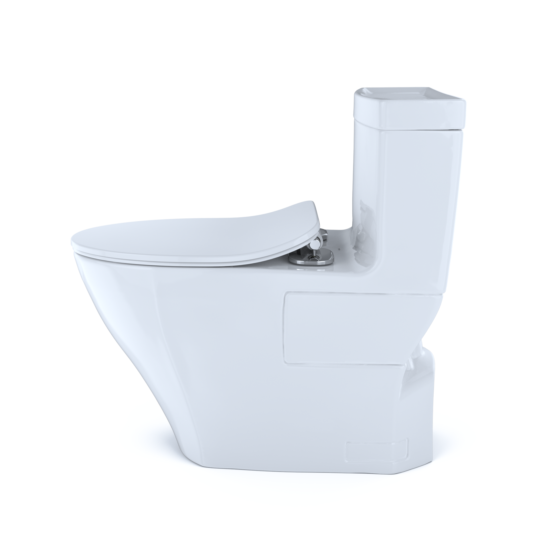 White one-piece elongated toilet with soft-close seat and integrated tank.