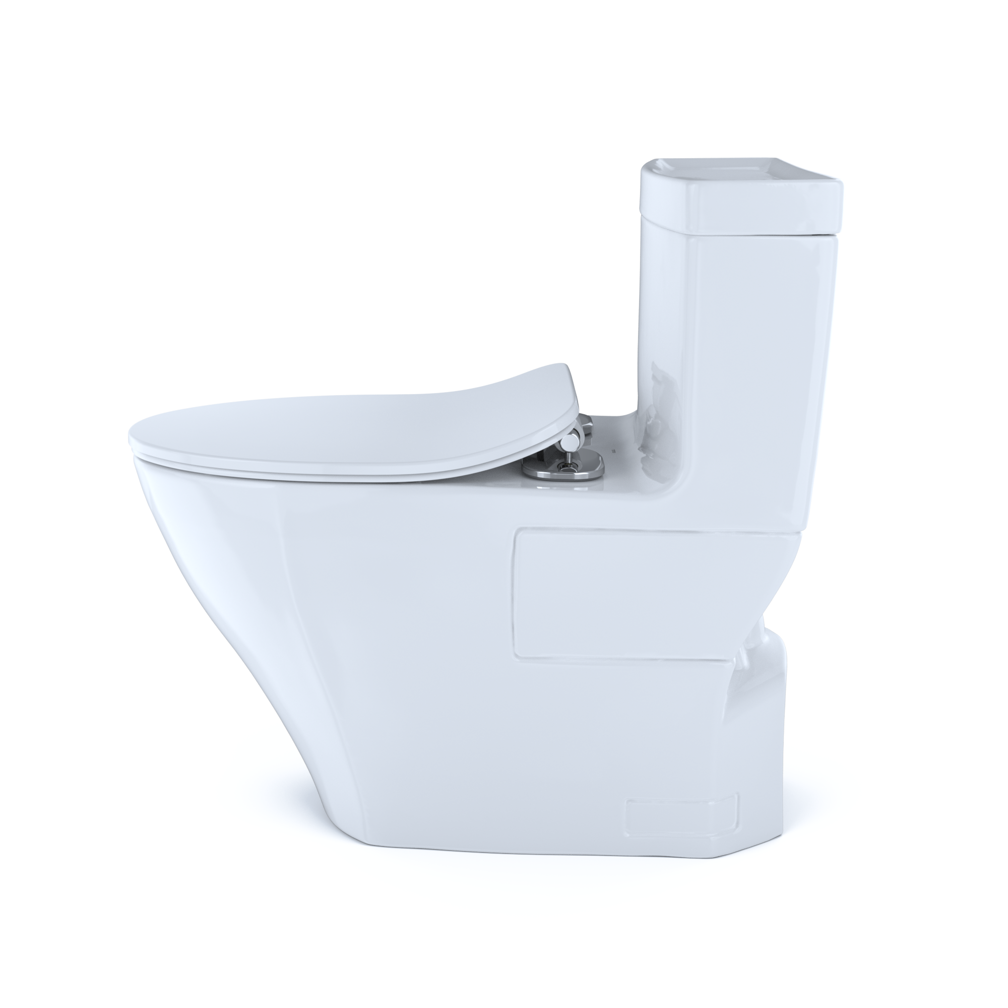 White one-piece elongated toilet with soft-close seat and integrated tank.