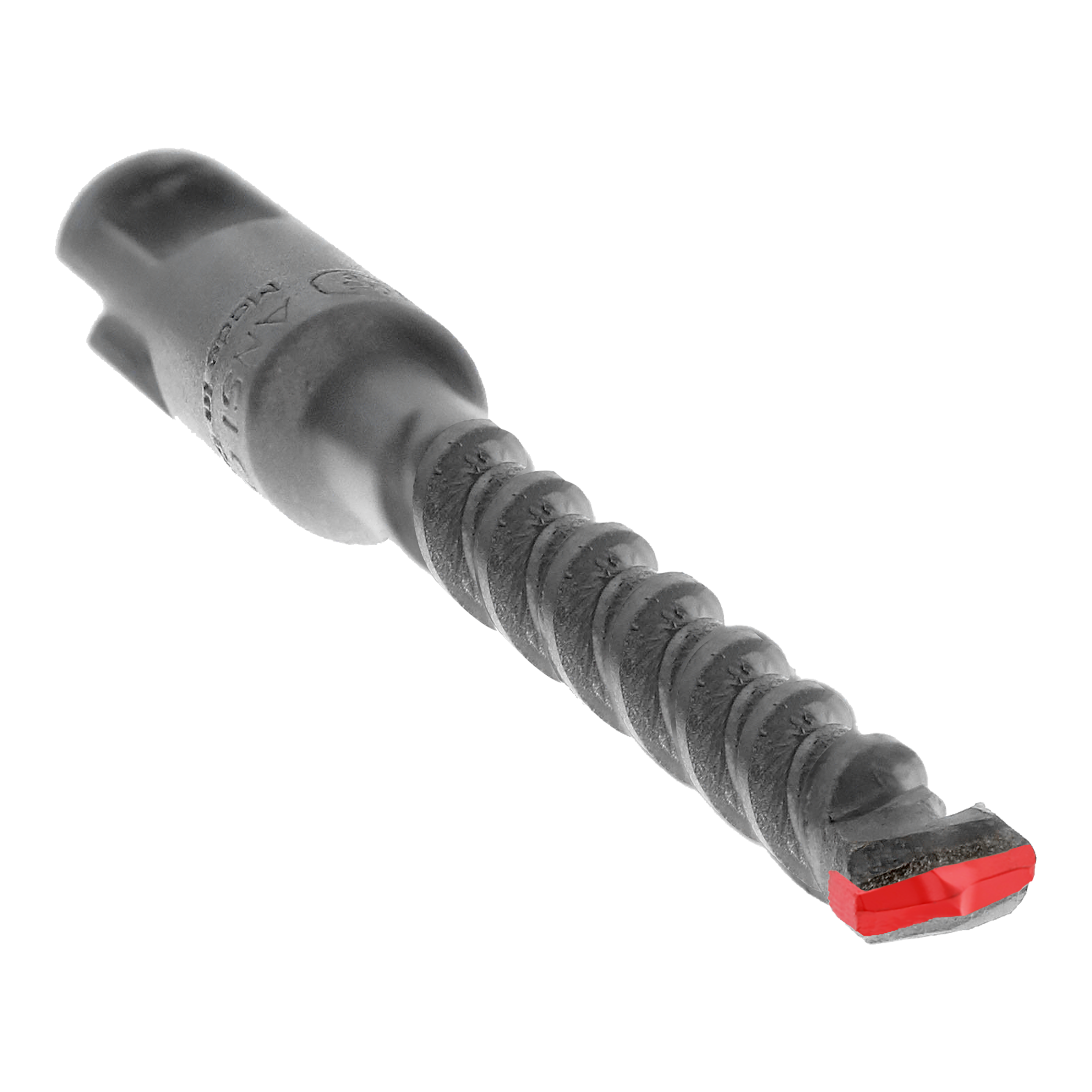 SDS-Plus rotary hammer drill bit with gray shaft, fluted body, and red cutting head.