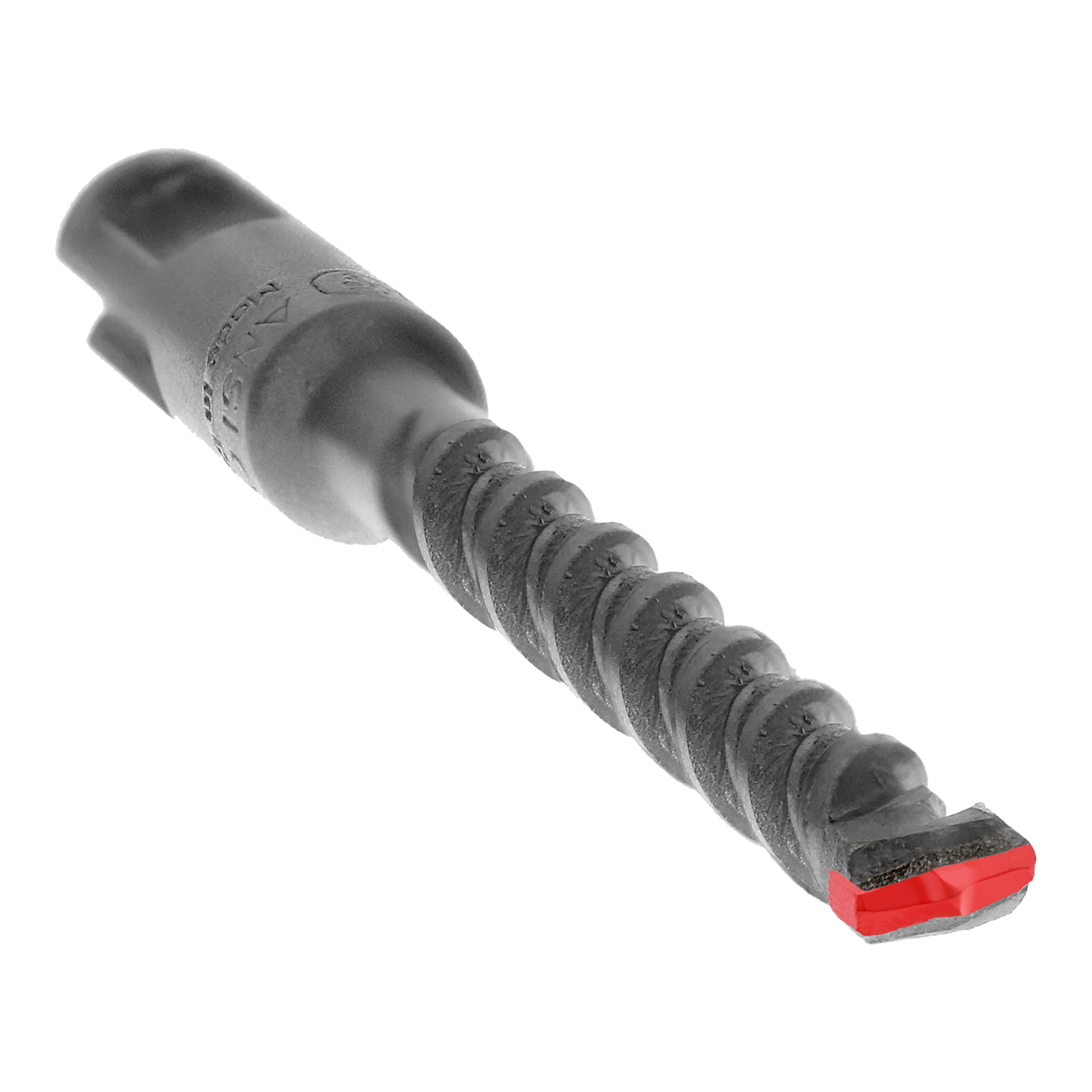 SDS-Plus hammer drill bit with gray shaft, fluted body, and red cutting head on white background.