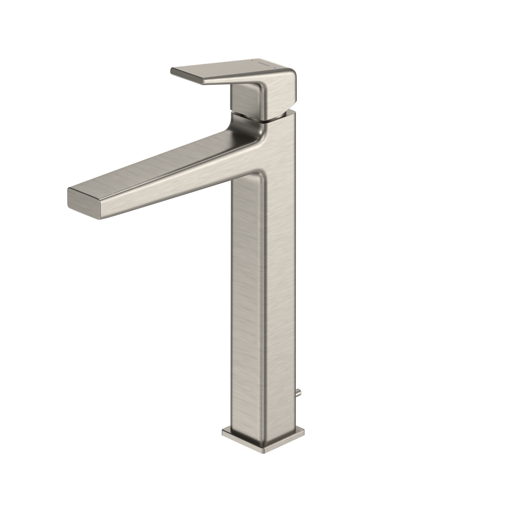 Brushed nickel single-handle vessel bathroom sink faucet with tall spout and rectangular lever handle.