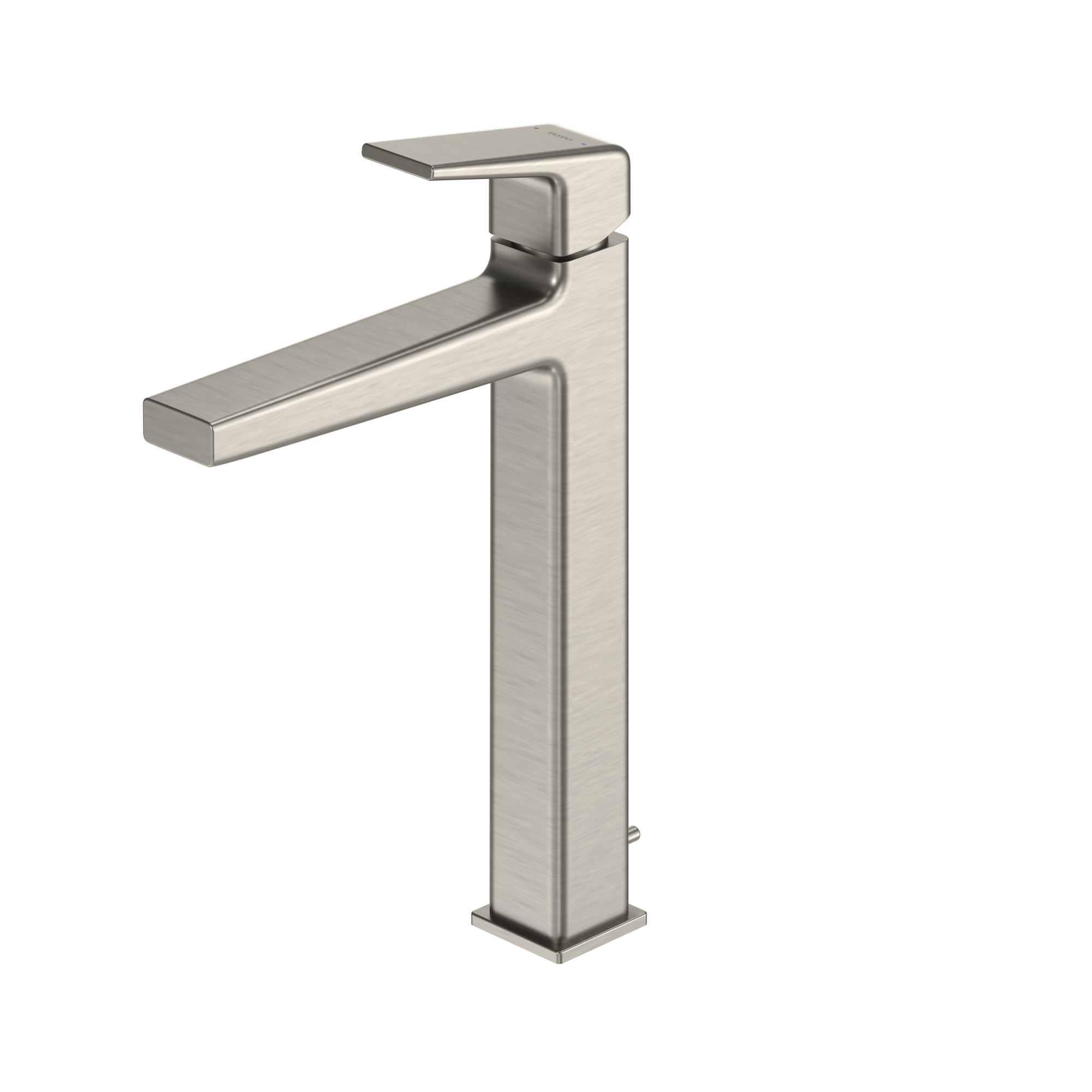 Brushed nickel single-handle vessel bathroom sink faucet with tall spout and rectangular lever handle.