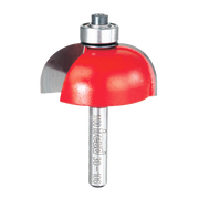 Router bit with red cove-shaped cutting head, silver metal shank, and bearing collar for woodworking.
