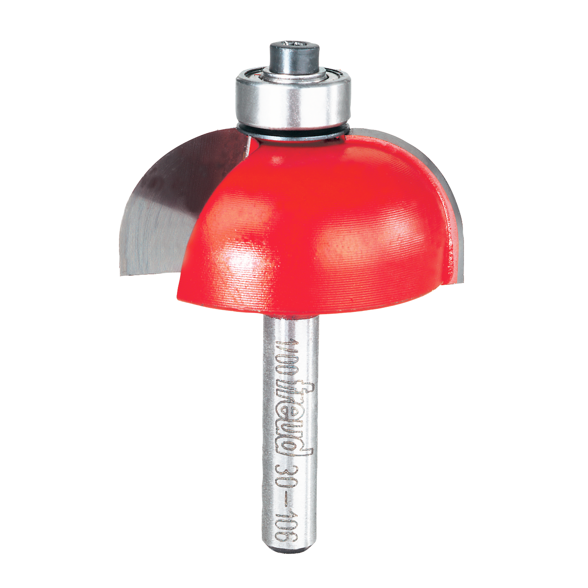 Router bit with red cove-shaped cutting head, silver metal shank, and bearing collar for woodworking.