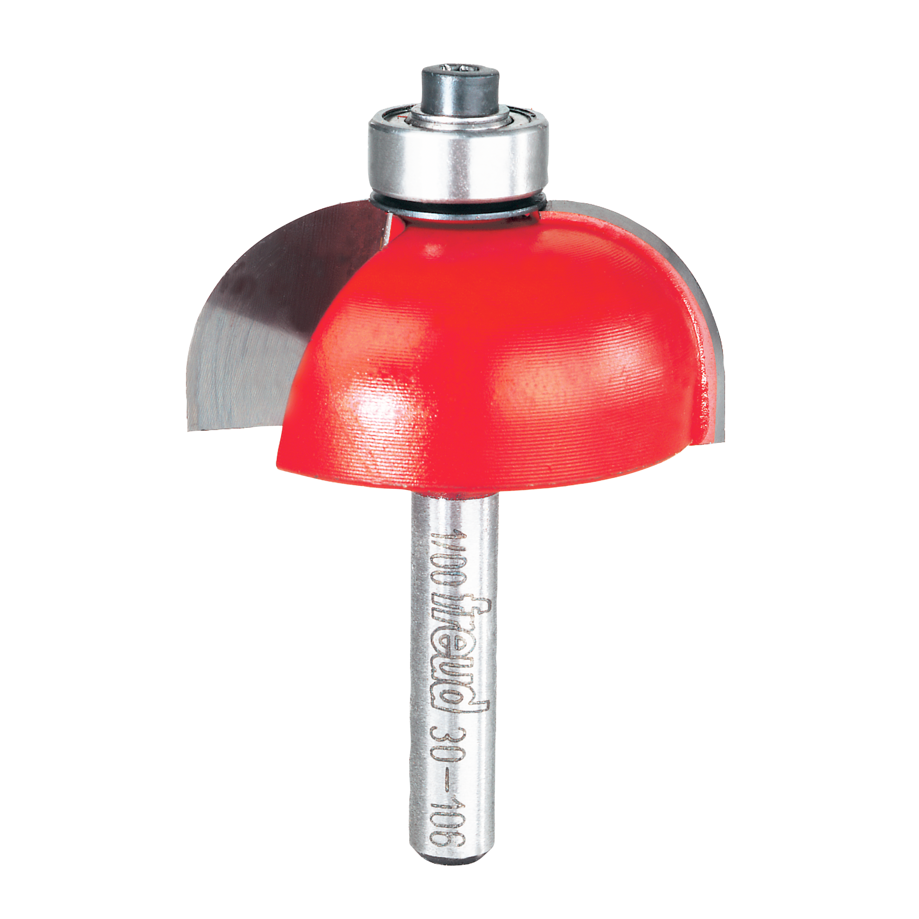 Router bit with red cove-shaped cutting head, silver metal shank, and bearing collar for woodworking.