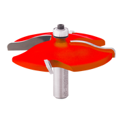 Raised panel router bit with red cutting edges and silver shank mounted on white collar.