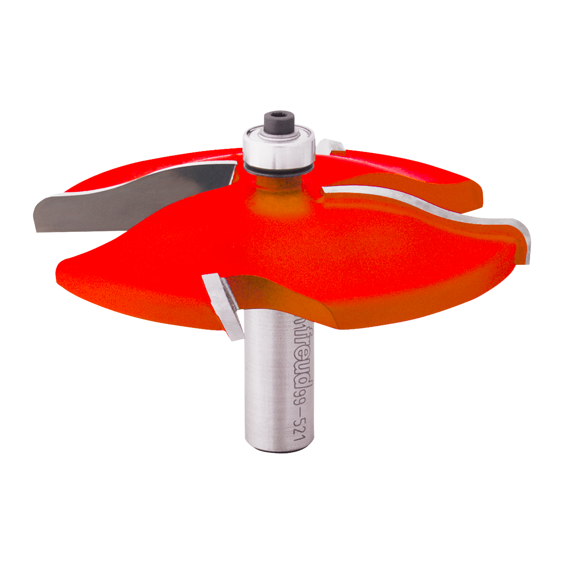 Raised panel router bit with red cutting edges and silver shank mounted on white collar.
