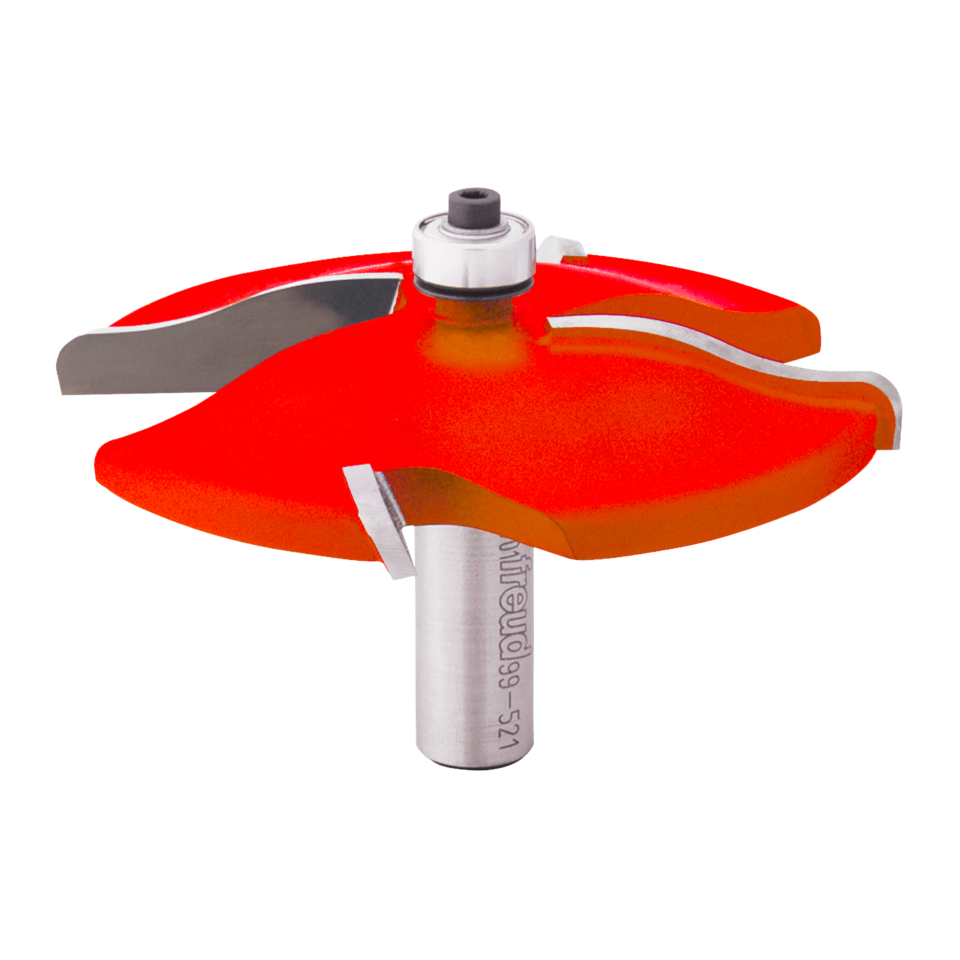Raised panel router bit with red cutting edges and silver shank mounted on white collar.