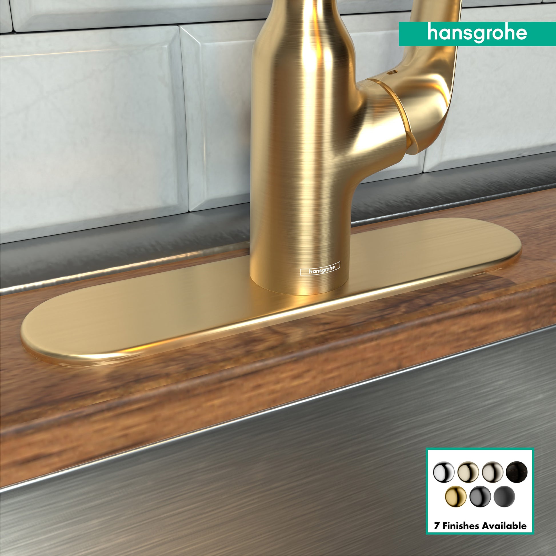 Brushed gold base plate for single-hole kitchen faucet installed beneath faucet spout on wooden countertop.