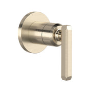 Satin nickel volume control and diverter trim with circular backplate and lever handle.