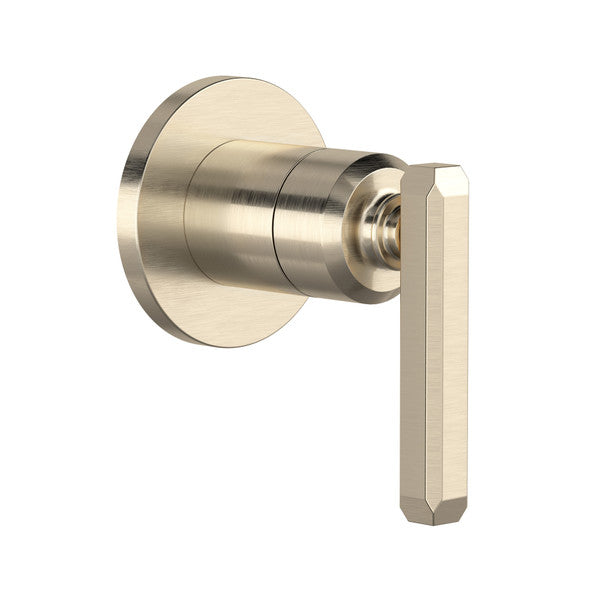 Satin nickel volume control and diverter trim with circular backplate and lever handle.