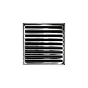Square polished stainless steel drain cover with horizontal linear grate pattern and center drain opening.