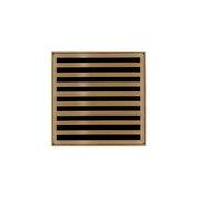 Satin bronze square drain grate with horizontal slot openings and center drain configuration.