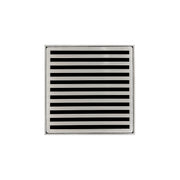 Square satin stainless steel drain grate with horizontal slot pattern and center drain opening.