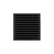 Matte black square drain grate with horizontal slat pattern and recessed frame.
