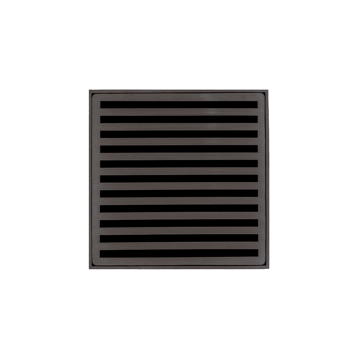 Oil rubbed bronze square drain grate with horizontal slot pattern and center drain opening.