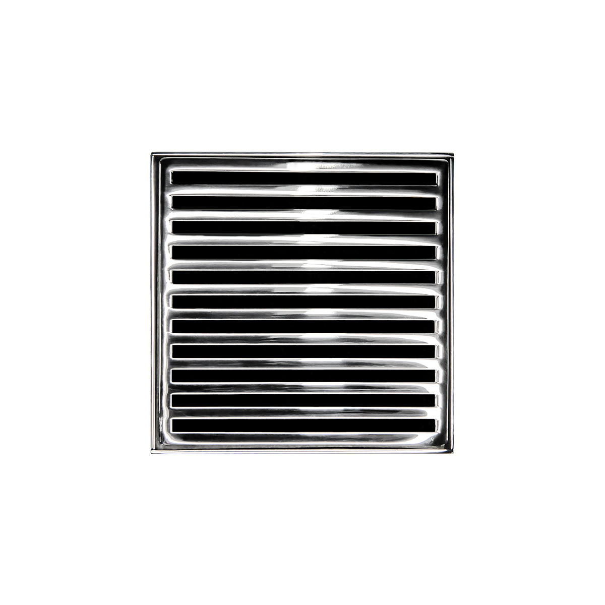 Polished stainless steel square drain grate with parallel horizontal slats and recessed center opening.