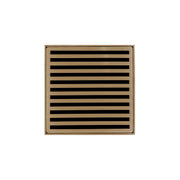 Square satin bronze drain grate with horizontal slat design and center drain opening.