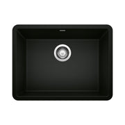 Coal black single bowl kitchen sink with chrome drain strainer, rounded corners, and undermount installation style.