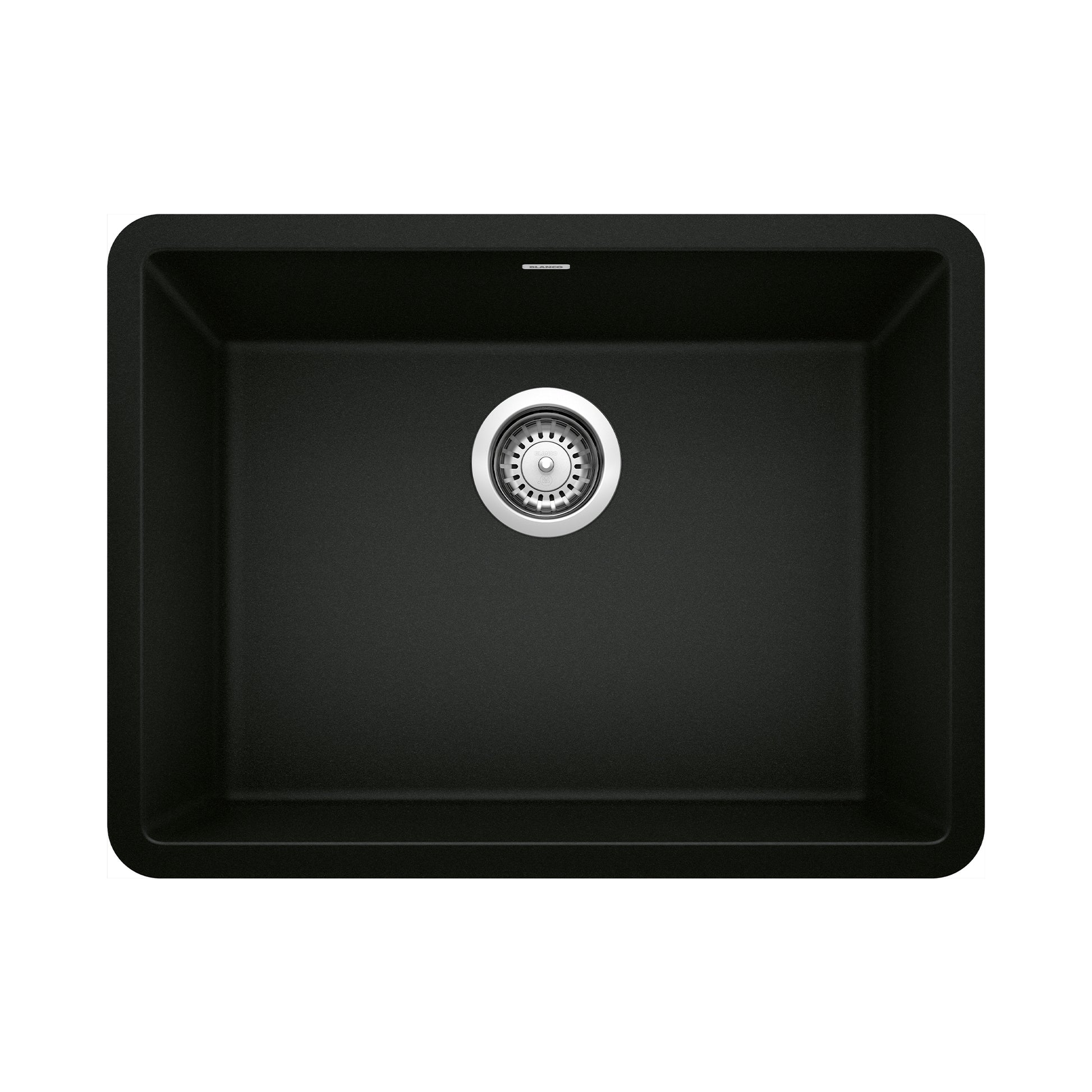 Coal black single bowl kitchen sink with chrome drain strainer, rounded corners, and undermount installation style.
