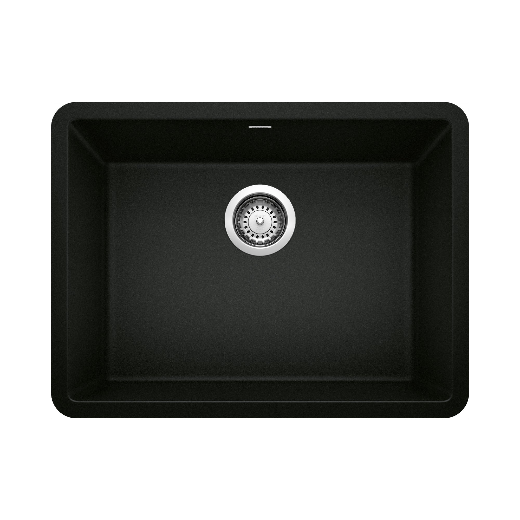 Coal black single bowl kitchen sink with chrome drain strainer, rounded corners, and undermount installation style.