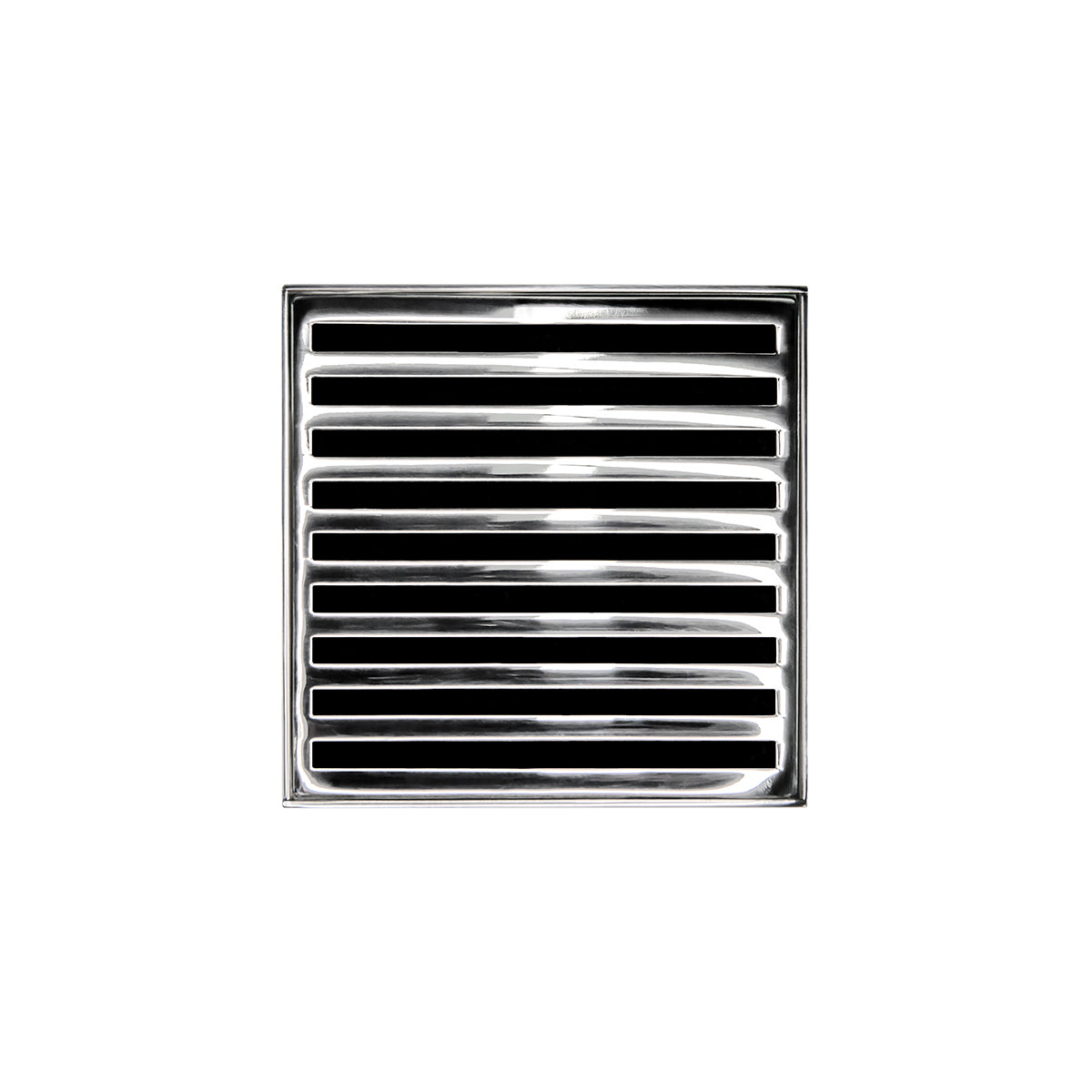 Square polished stainless steel drain cover with horizontal slat grating pattern and center drain opening.