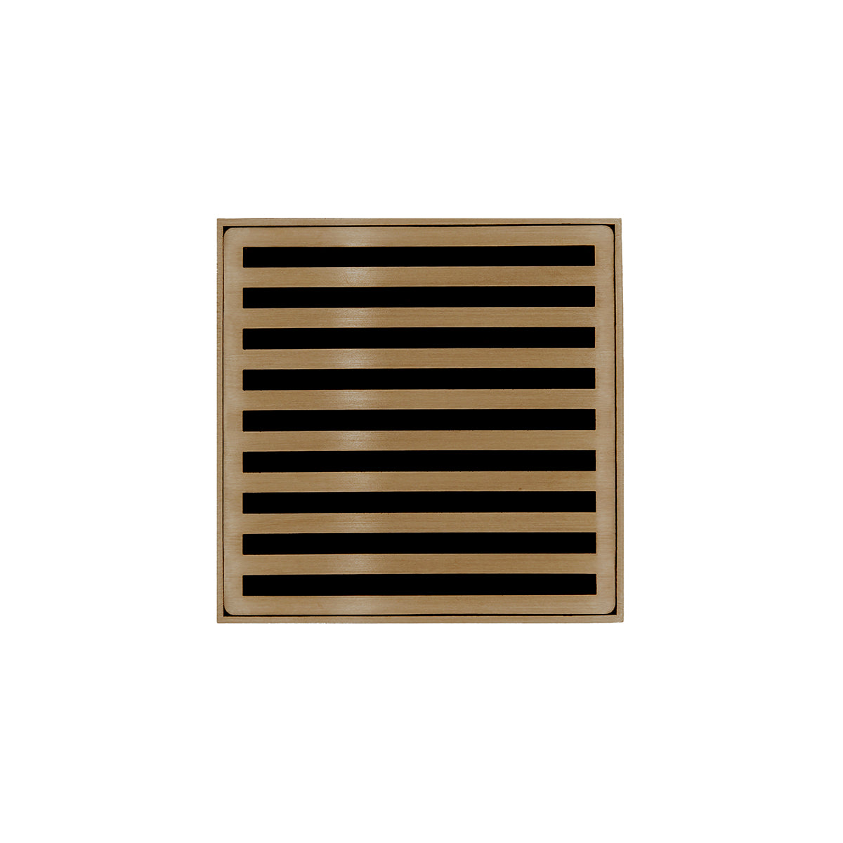Square satin bronze drain grate with horizontal black slats and center drain opening.