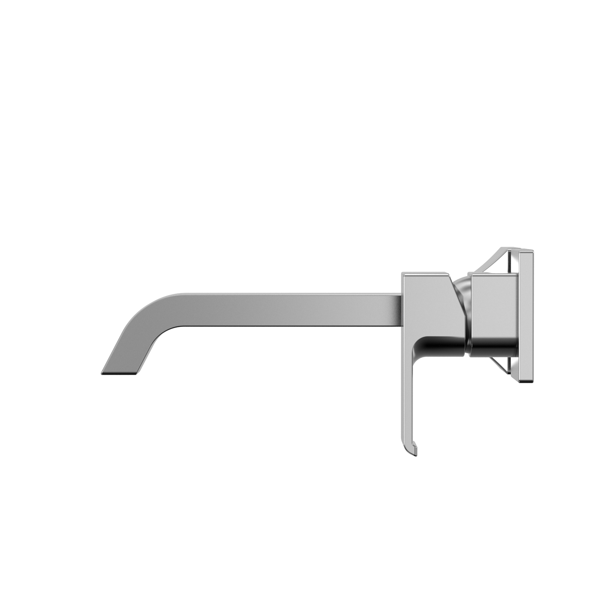 Polished chrome wall-mount bathroom faucet with single handle and curved spout extending from square valve body.