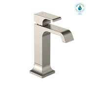 Brushed nickel single-handle bathroom sink faucet with curved spout and square base for vessel sinks.