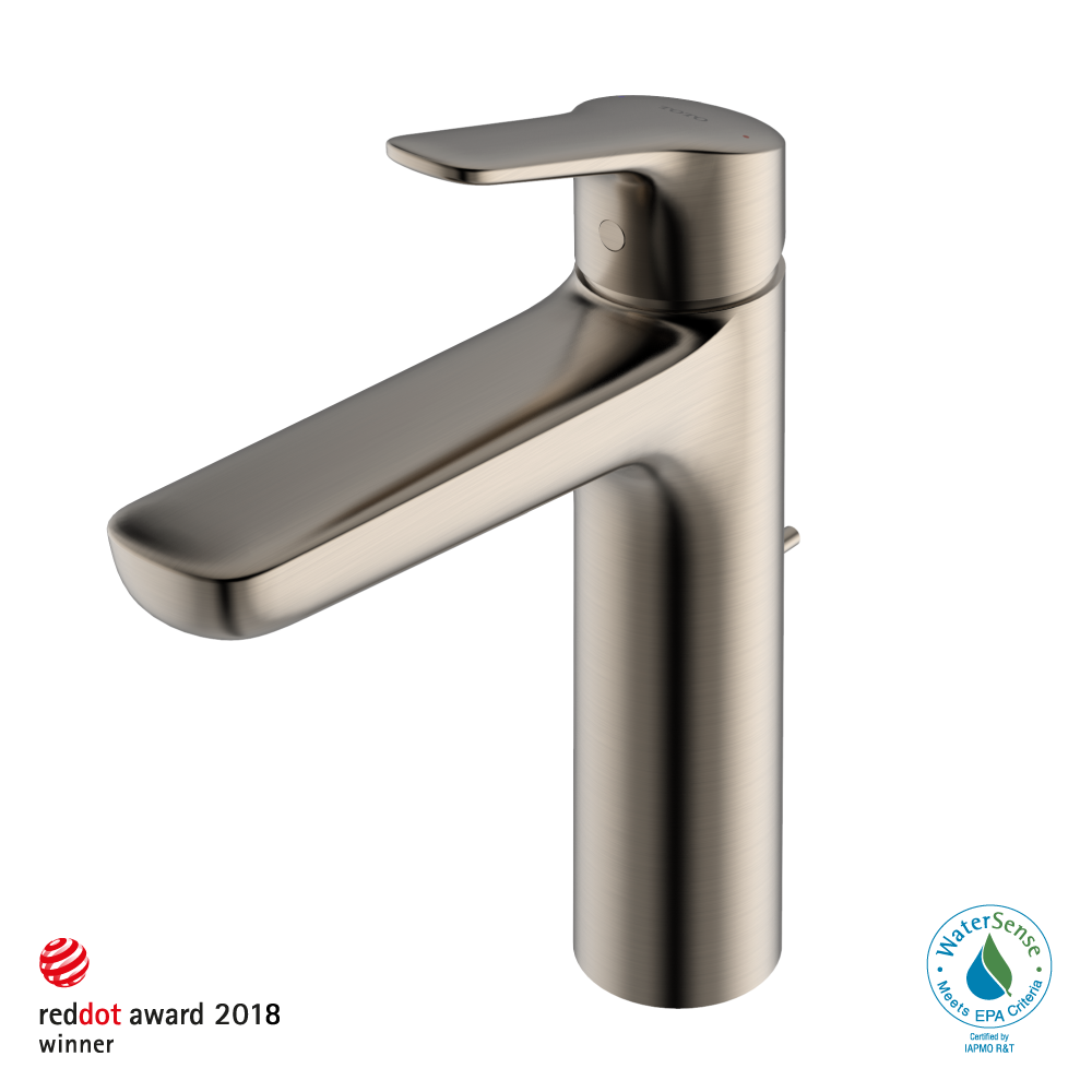Brushed nickel single-handle bathroom sink faucet with curved spout and cylindrical body.