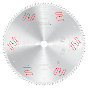 Circular saw blade with carbide-tipped teeth around the perimeter and red design markings on silvered surface.