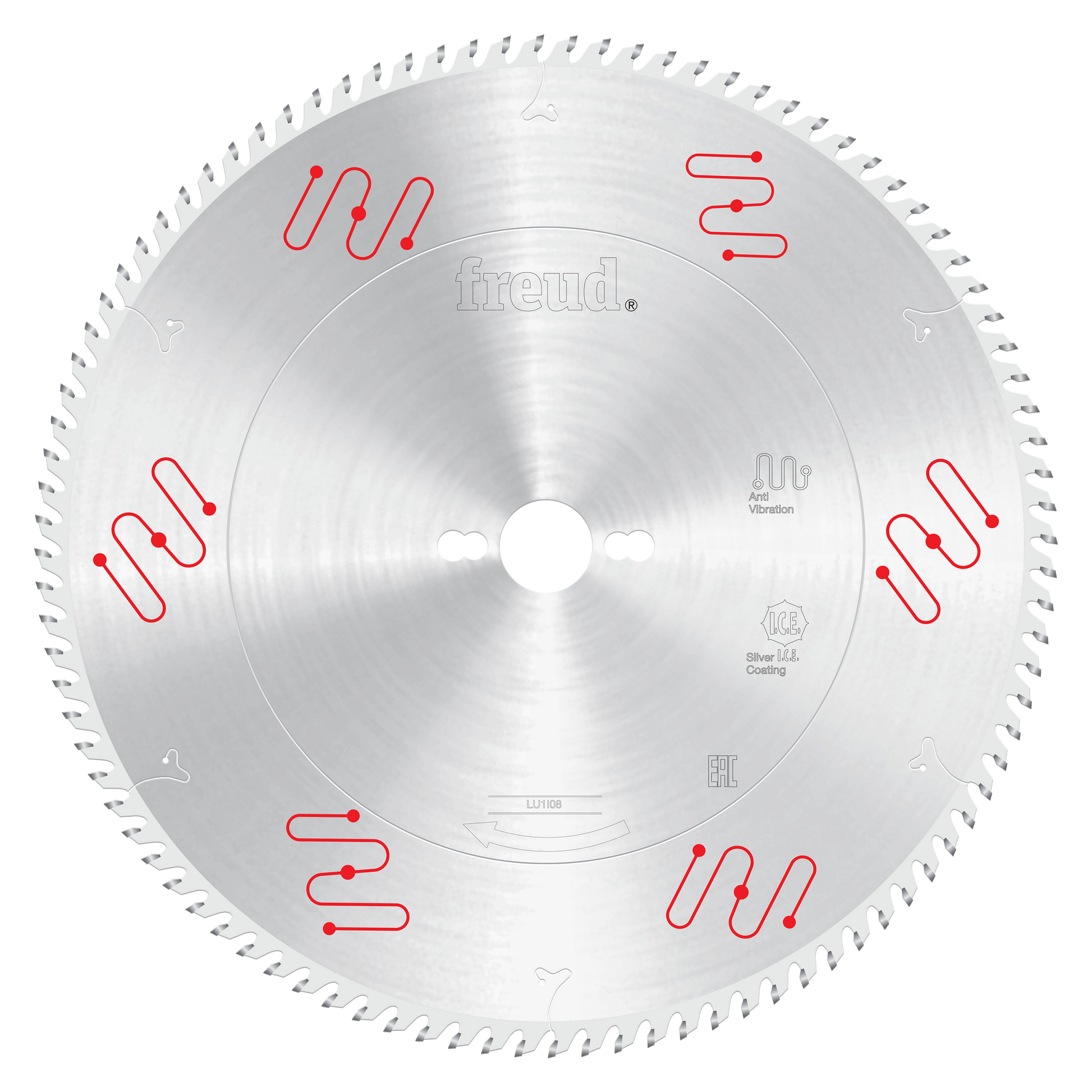 Circular saw blade with carbide-tipped teeth around the perimeter and red design markings on silvered surface.