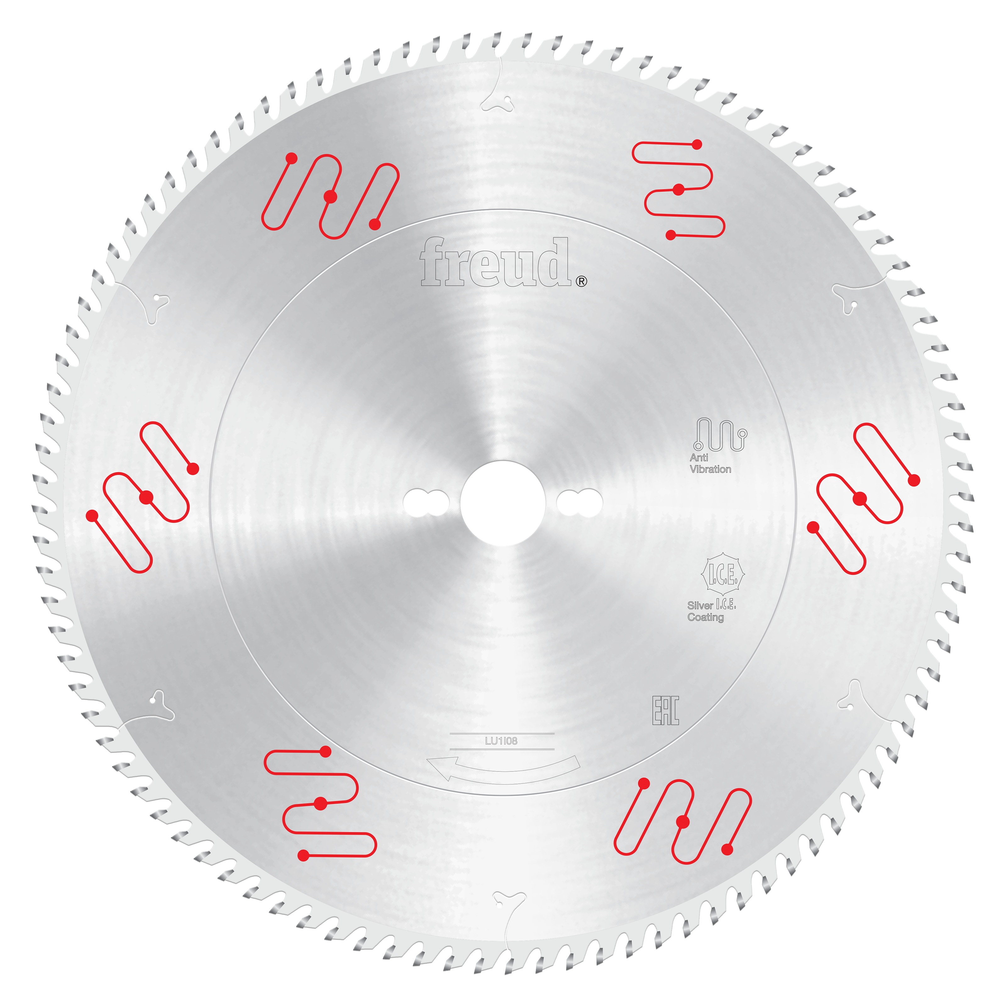 Circular saw blade with carbide-tipped teeth around the perimeter and red design markings on silvered surface.