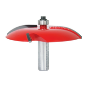 Red raised panel router bit with gray metal shaft and black collet, 3-1/2 inch diameter.