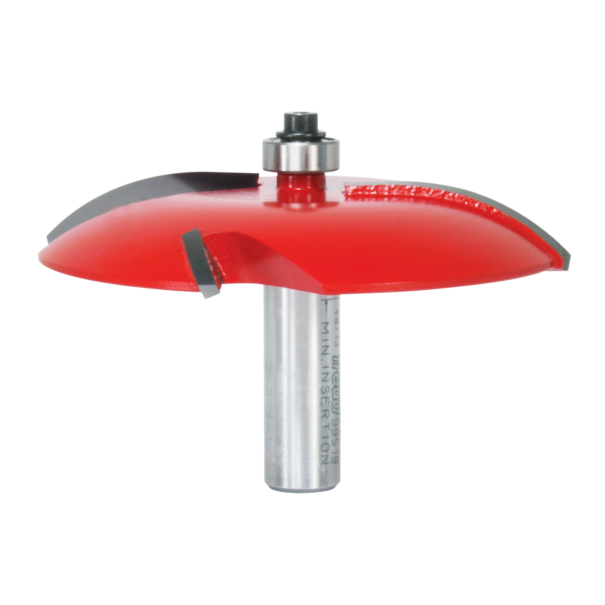 Red raised panel router bit with gray metal shaft and black collet, 3-1/2 inch diameter.