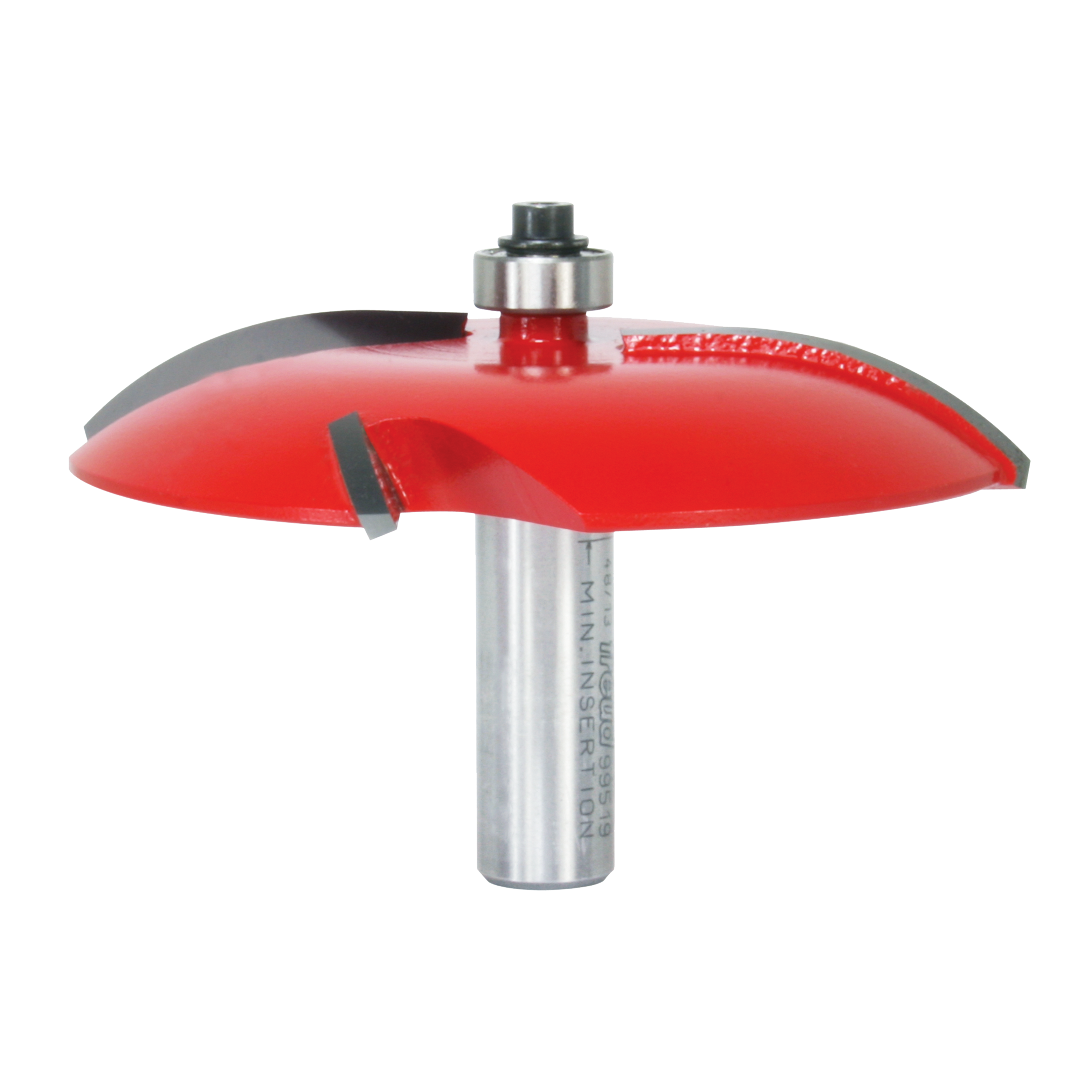 Red raised panel router bit with gray metal shaft and black collet, 3-1/2 inch diameter.