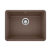 Cafe brown single bowl kitchen sink with chrome drain strainer, viewed from above.