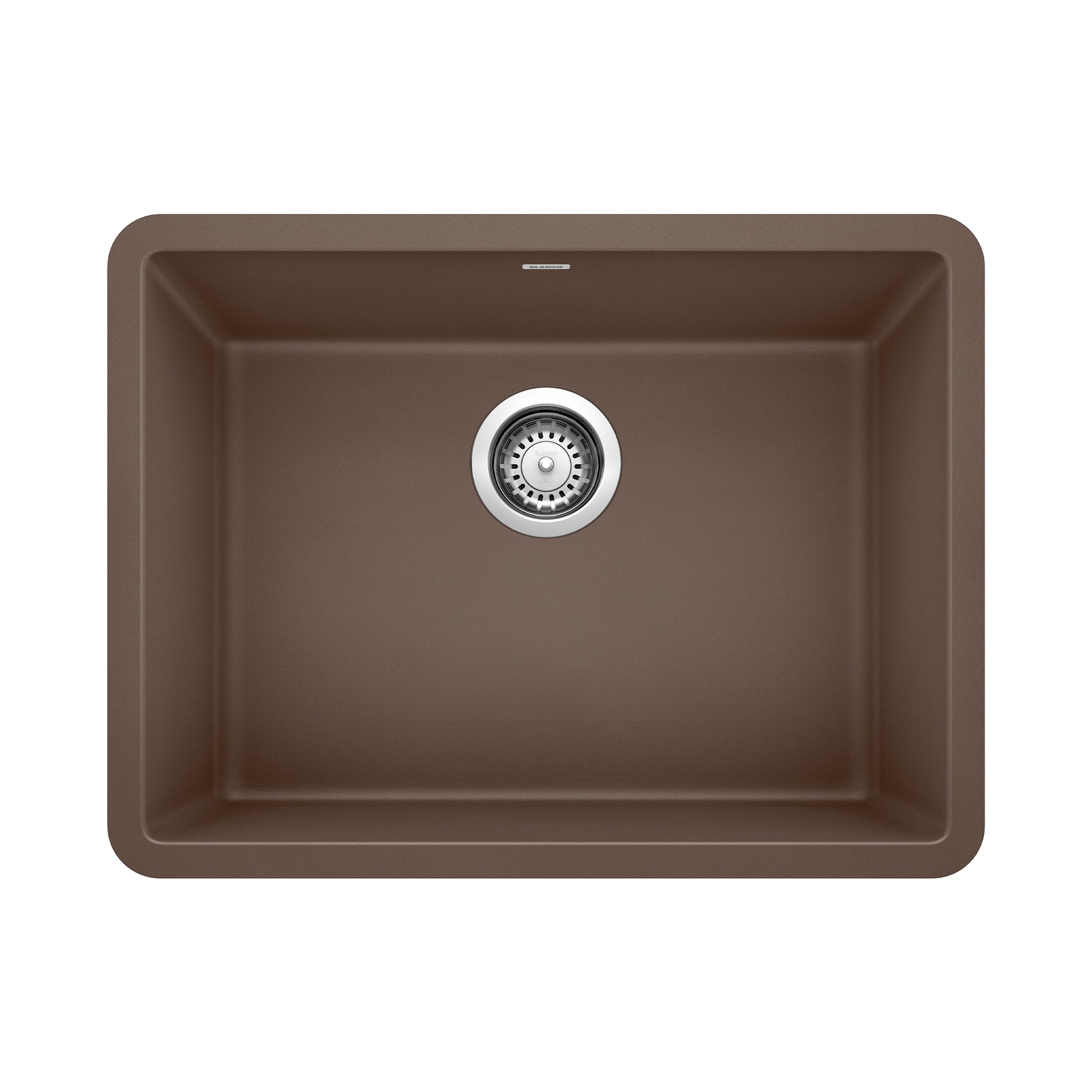 Cafe brown single bowl kitchen sink with chrome drain strainer, viewed from above.