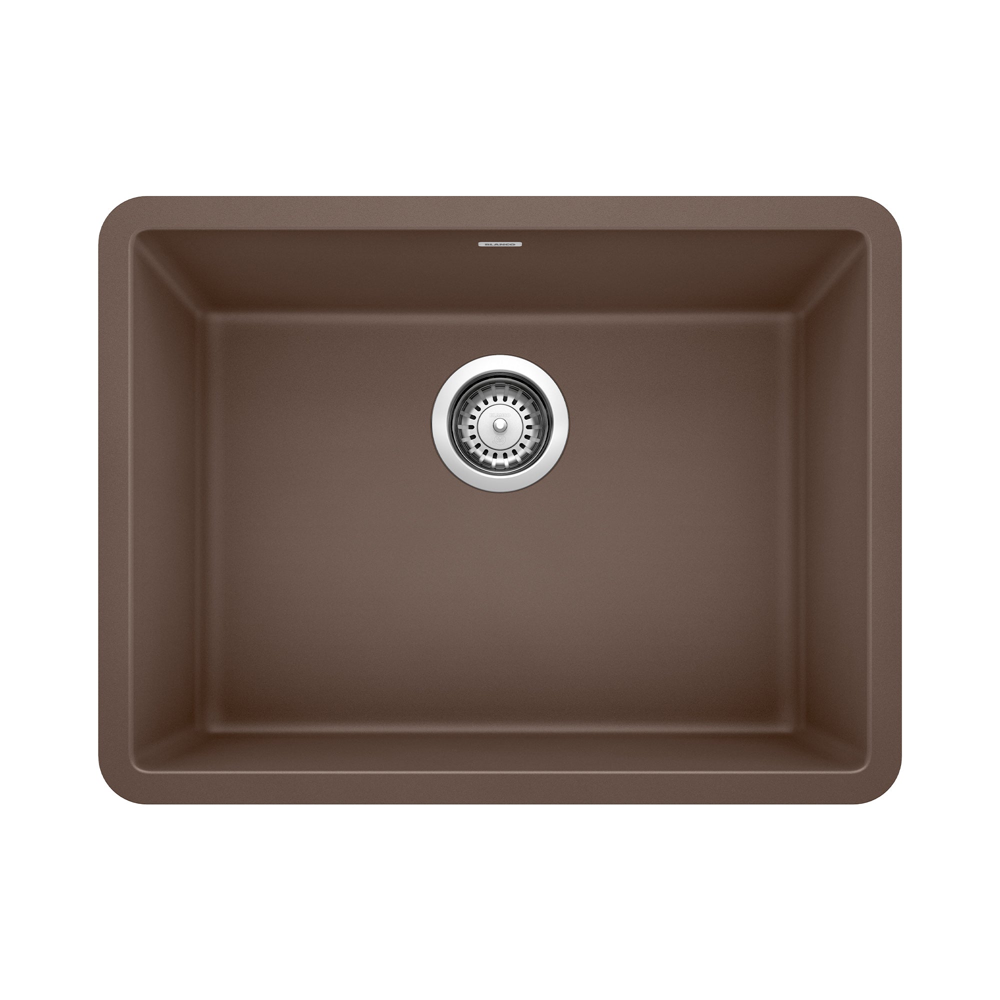 Cafe brown single bowl kitchen sink with chrome drain strainer, viewed from above.