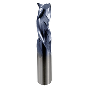 Blue and gray carbide router bit with triple flute cutting edges and cylindrical shank.