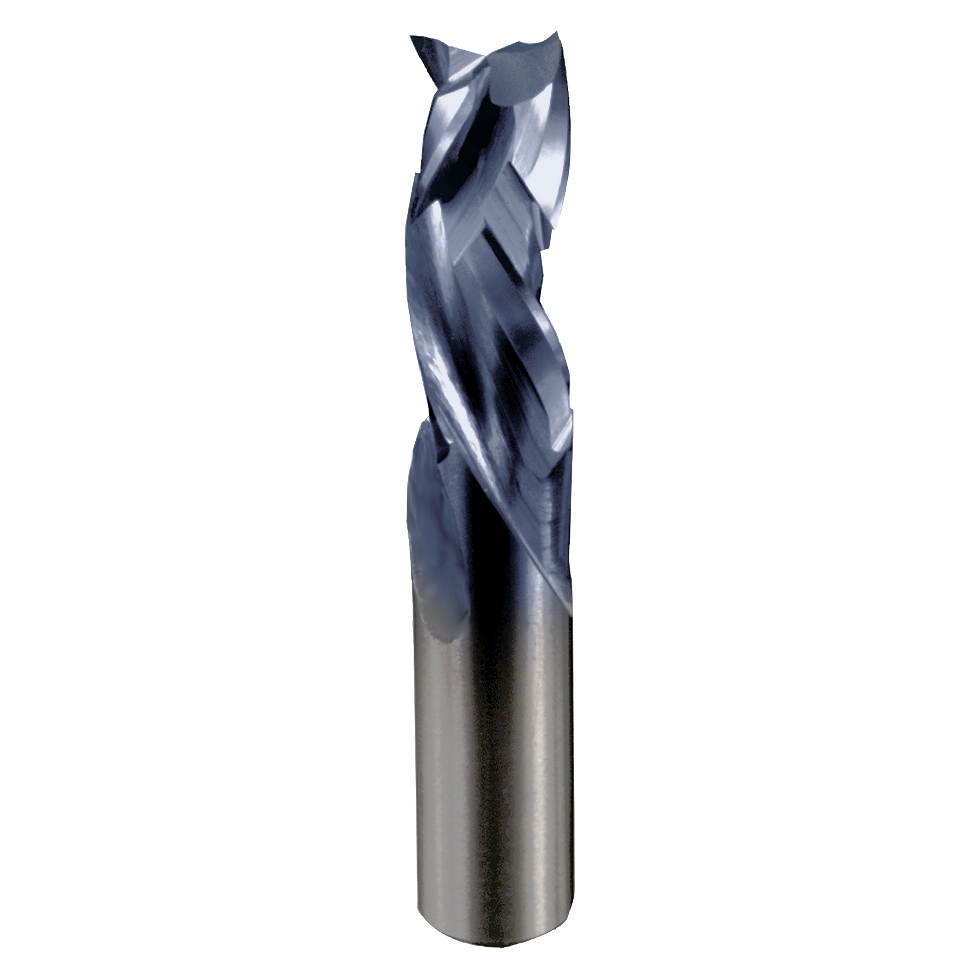 Blue and gray carbide router bit with triple flute cutting edges and cylindrical shank.