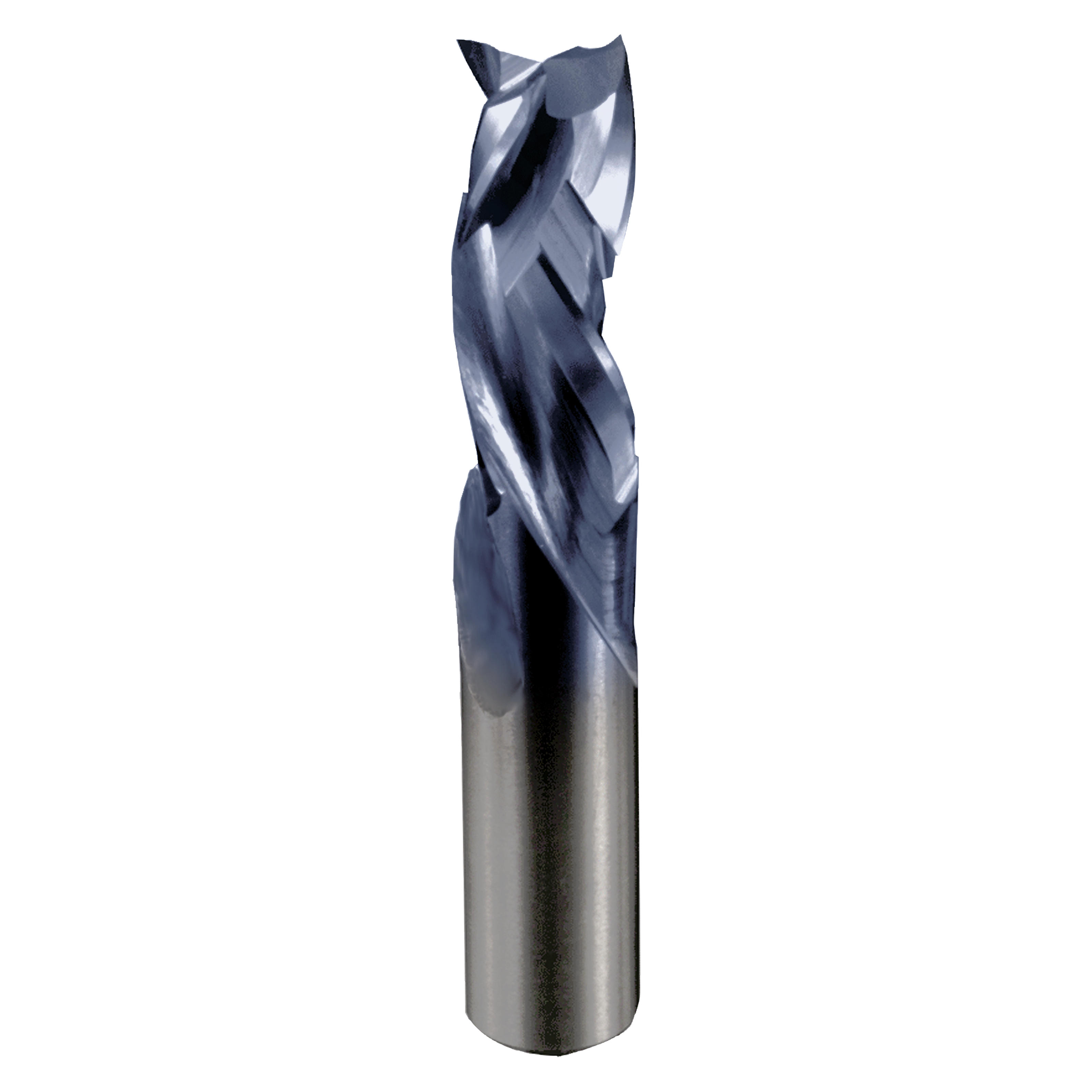 Blue and gray carbide router bit with triple flute cutting edges and cylindrical shank.