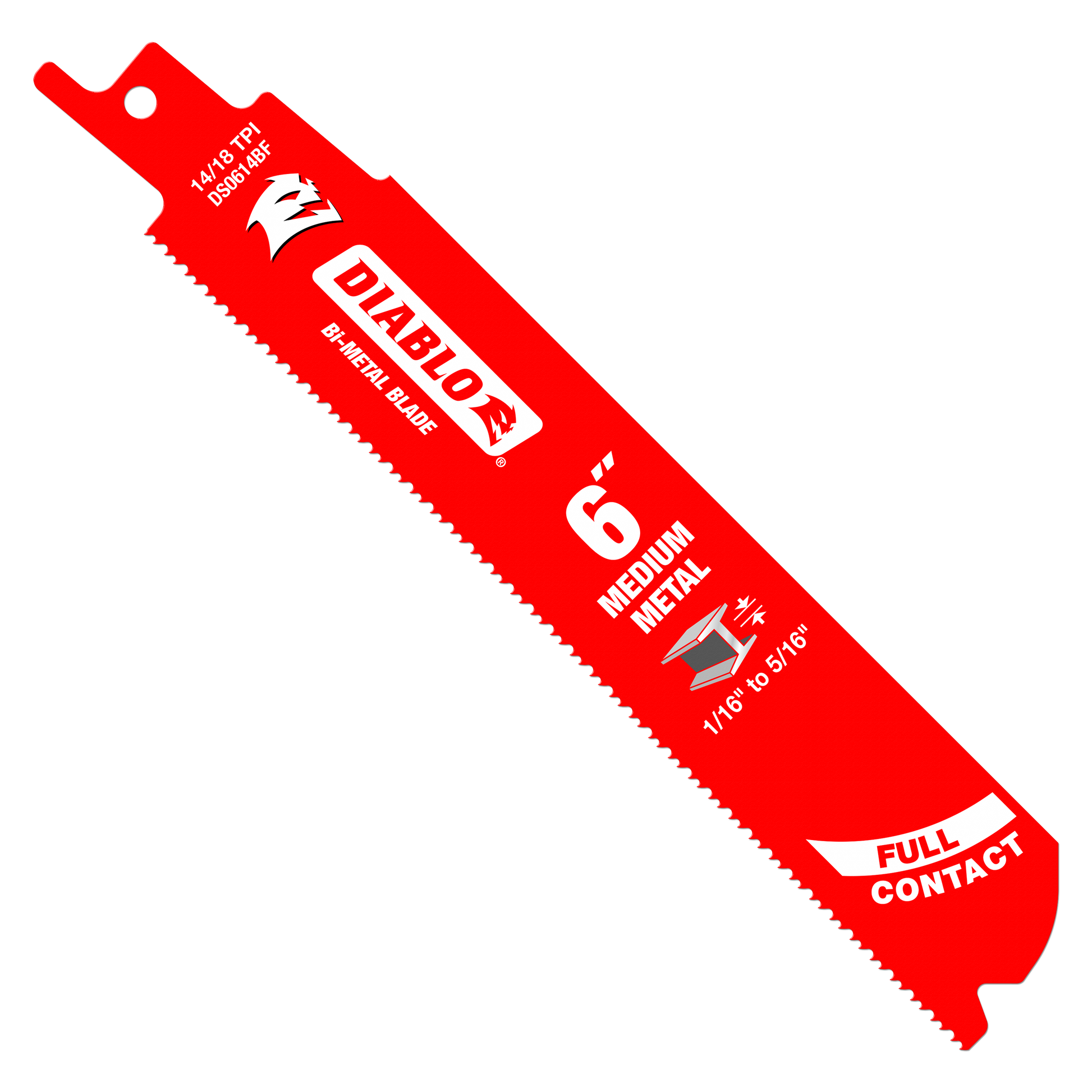 Red bi-metal reciprocating saw blade with serrated cutting edge and mounting hole at top.