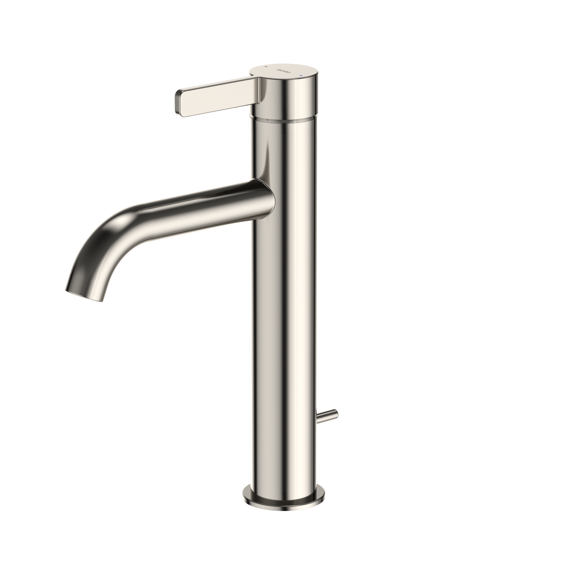 Polished nickel single-handle bathroom sink faucet with tall cylindrical spout and lever handle.