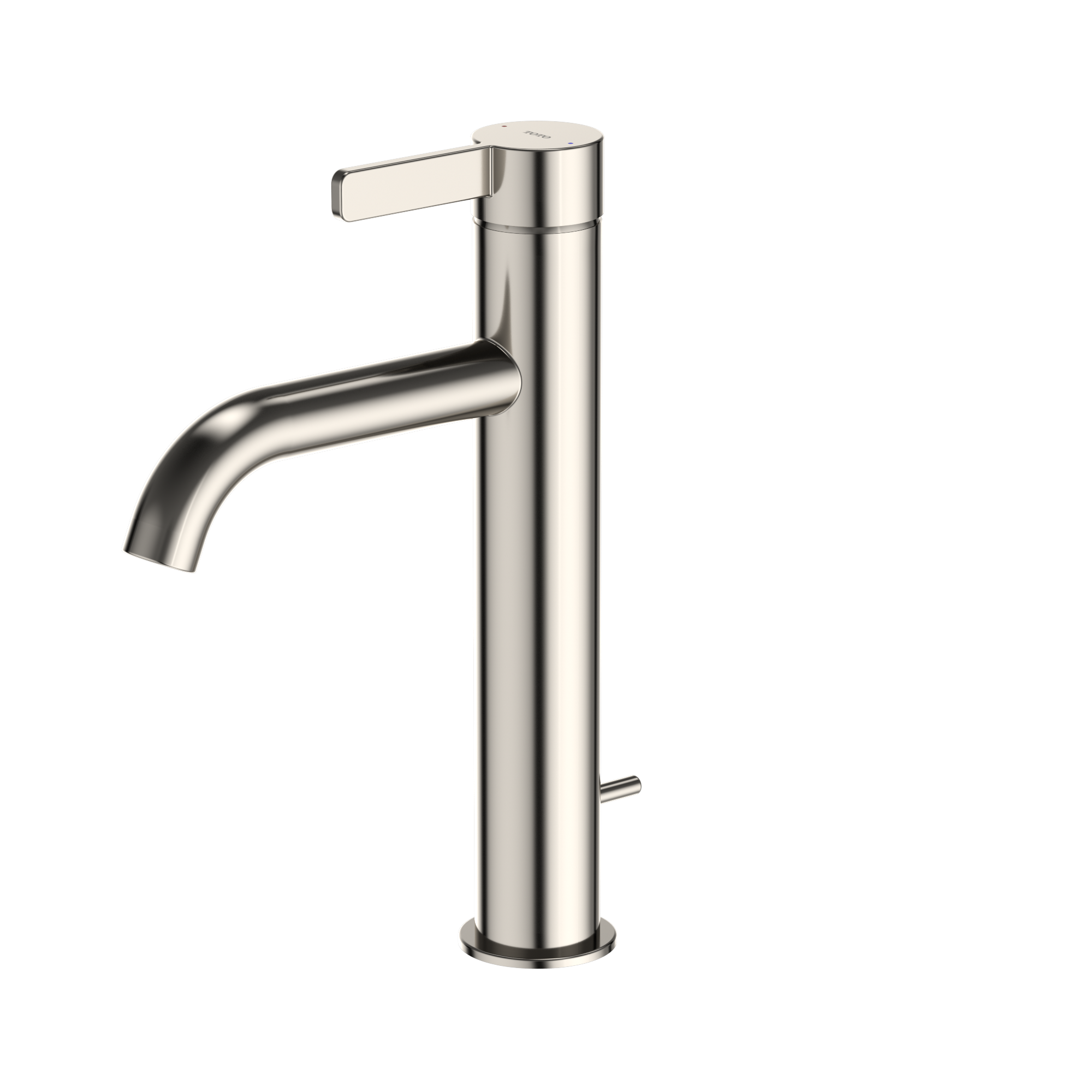 Polished nickel single-handle bathroom sink faucet with tall cylindrical spout and lever handle.