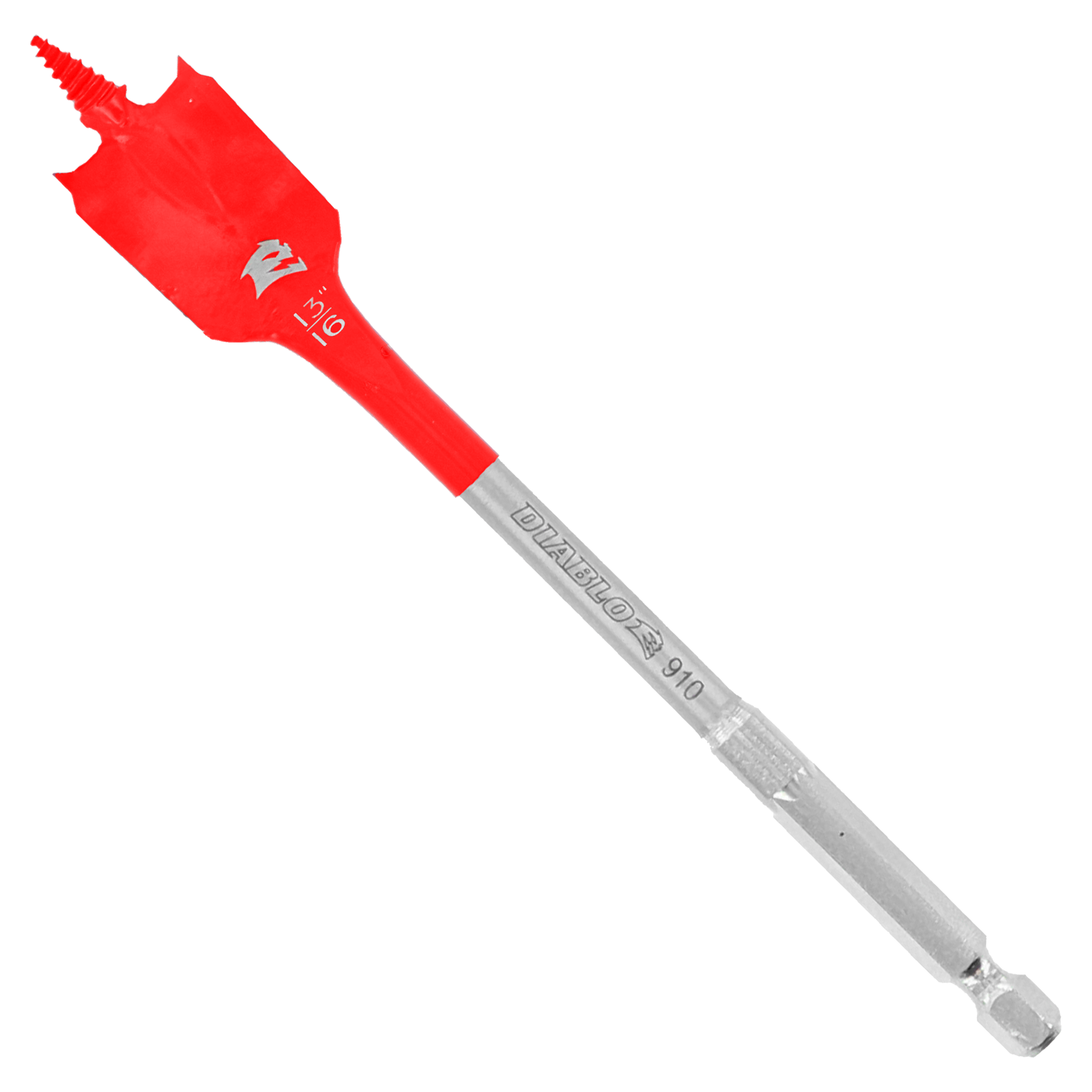 Red and gray Diablo spade bit with flat paddle-shaped head and hexagonal shank against white background.