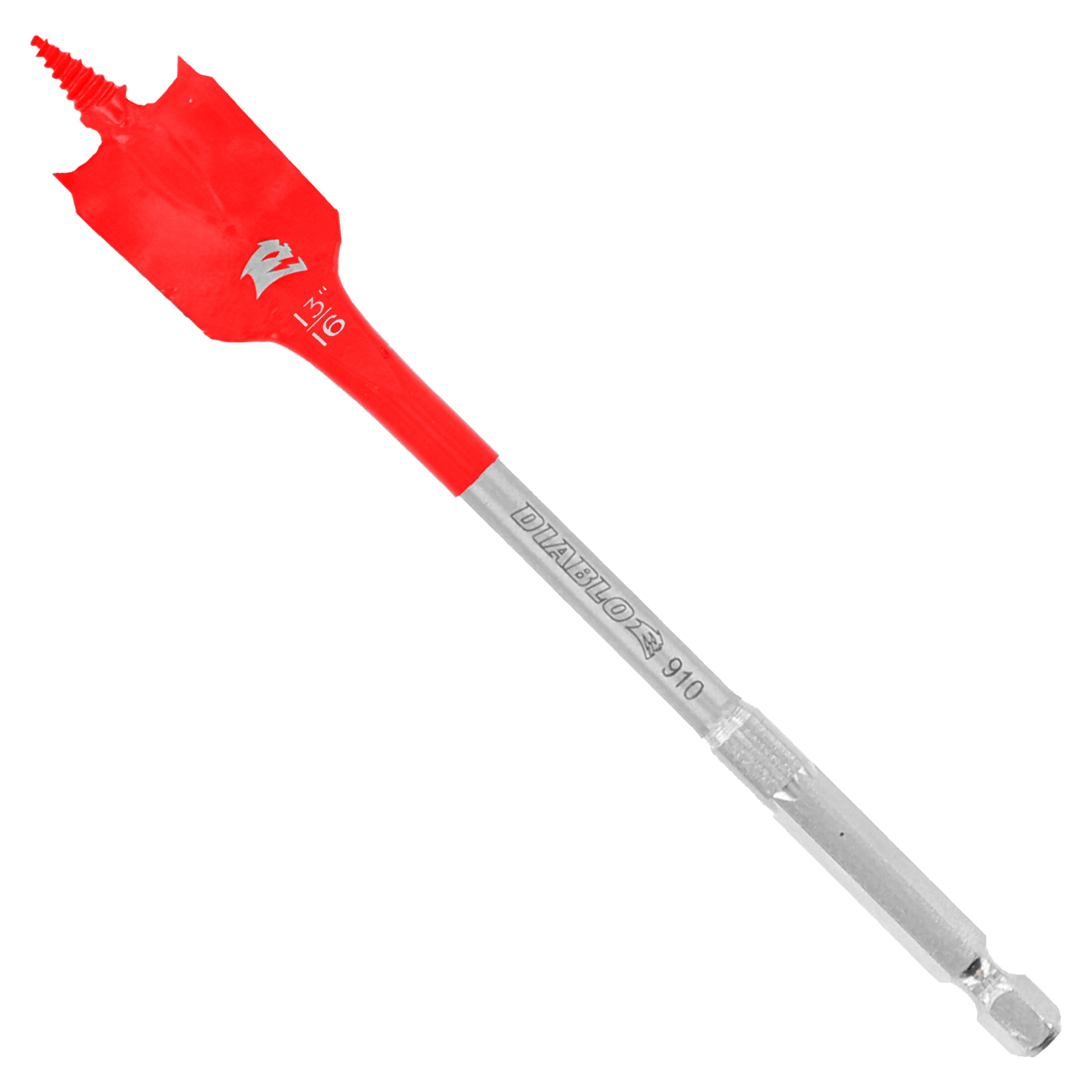 Red and gray Diablo spade bit with flat paddle-shaped head and hexagonal shank against white background.